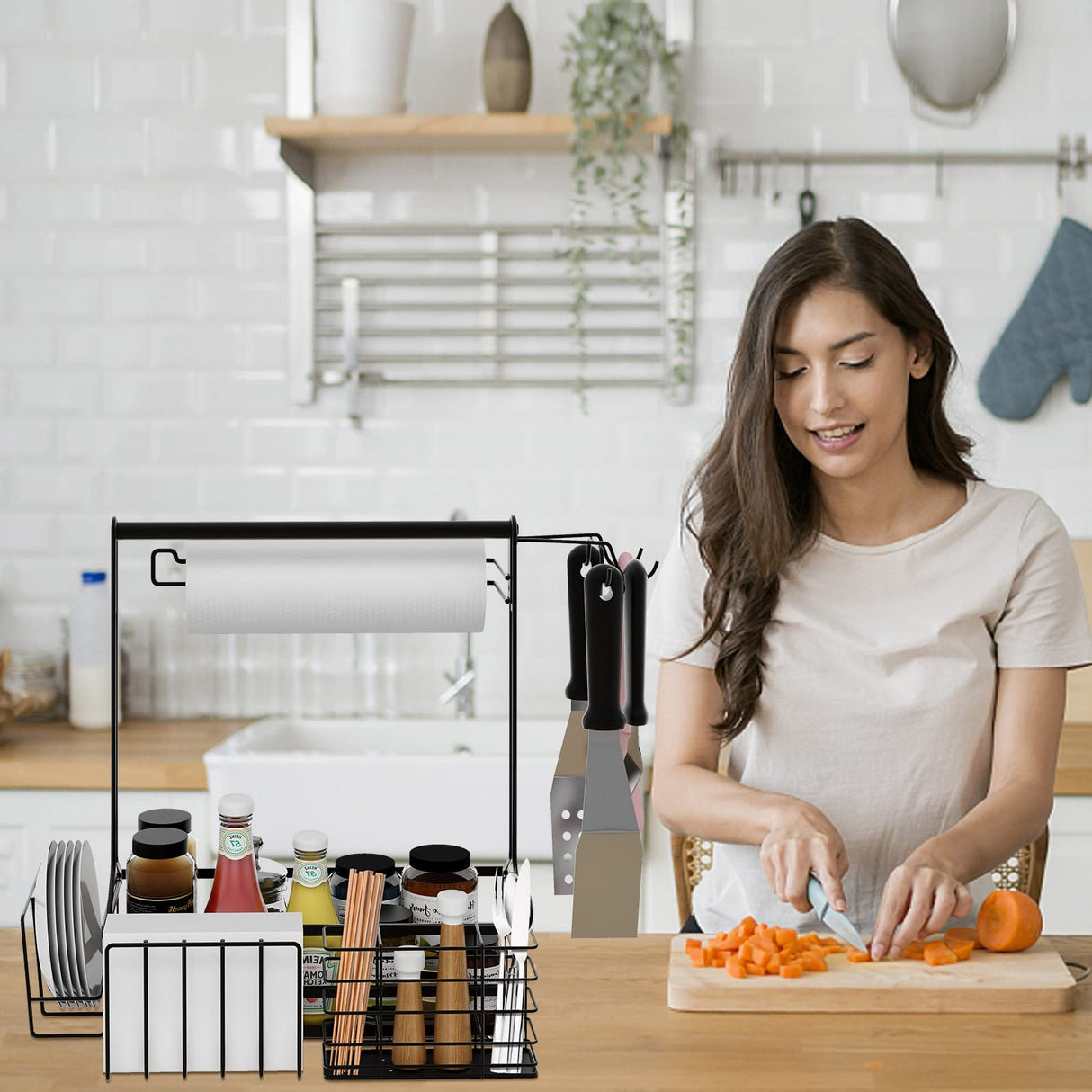 BBQ and Grill Caddy with Paper Towel Holder, Iron Steel Handle & 4 Hooks – Camper Accessories Condiment Caddy – Plates, Cutlery and BBQ Organizer for Camping Outdoor Grilling Tool Accessories ZDDLOINP