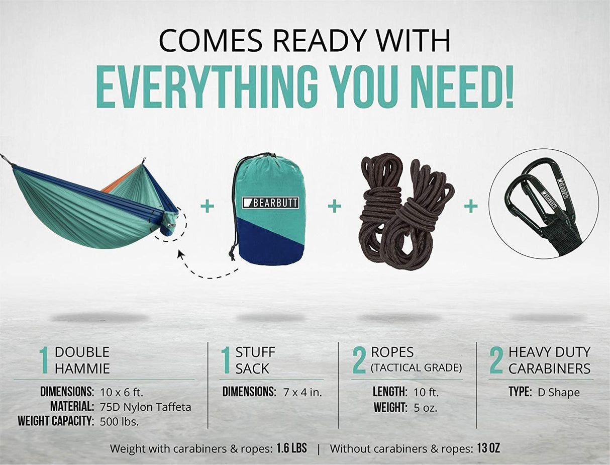 Bear Butt #1 Double Hammock, A Start Up Company Gear at Half The Cost of The Other Guys, Touquoise/Dark Blue/Coral Bear Butt