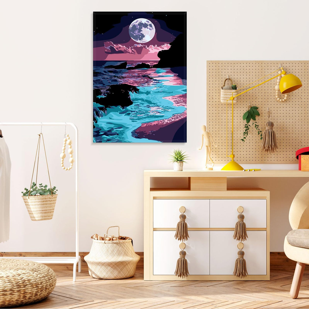 MOGTAA Moon Night Paint by Number Kit for Adults Beginners Framed, Adult Paint by Number Kits On Canvas, Easy Adults' Paint-by-Number Kits, DIY Seaside Oil Painting Kits for Home Decor, 8x12in MOGTAA