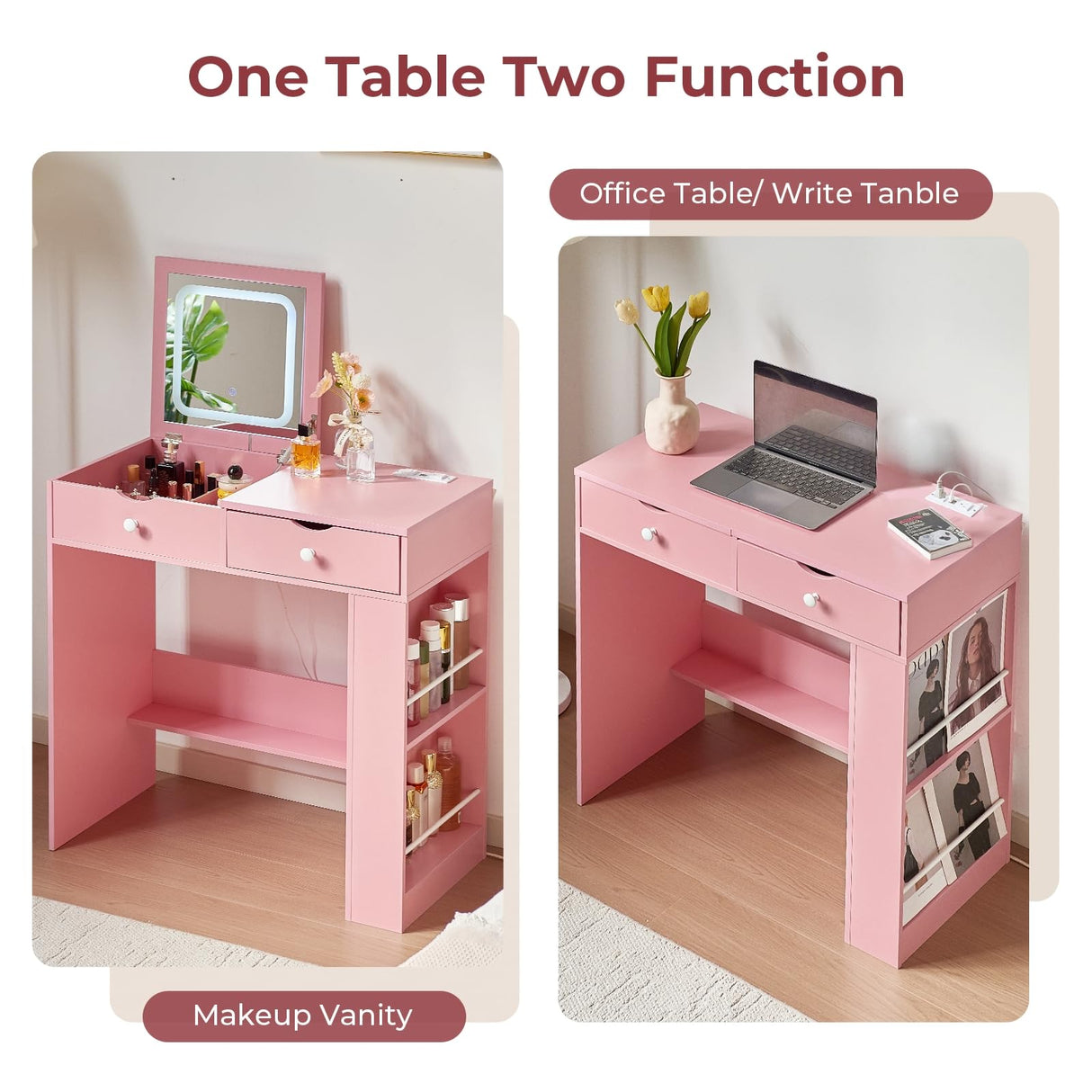 JanflyHome Small Vanity Desk with Flip Top Mirror, Modern Makeup Vanity Table with Power Outlet & Side Organizers, Dressing Table with Storage Compartment, Small Vanity Writing Desk for Bedroom, Pink JanflyHome