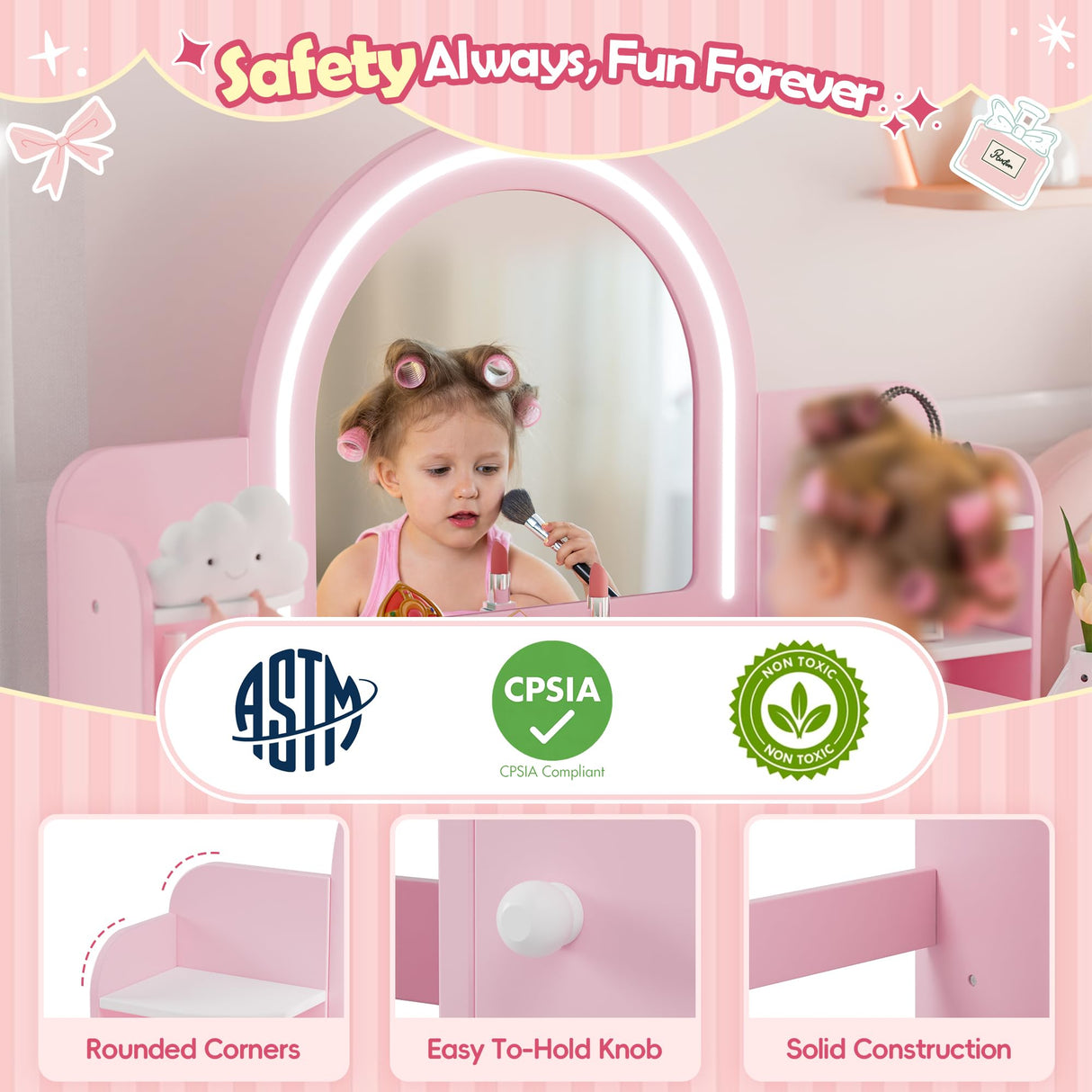 MU Kids Vanity with Lights, Princess Makeup Vanity Desk with Open Bookshelf, Storage Cabinet & Shelves, 2 in 1 Toddler Vanity Table & Chair Set with Lighted Mirror for Little Girls, Pink MU