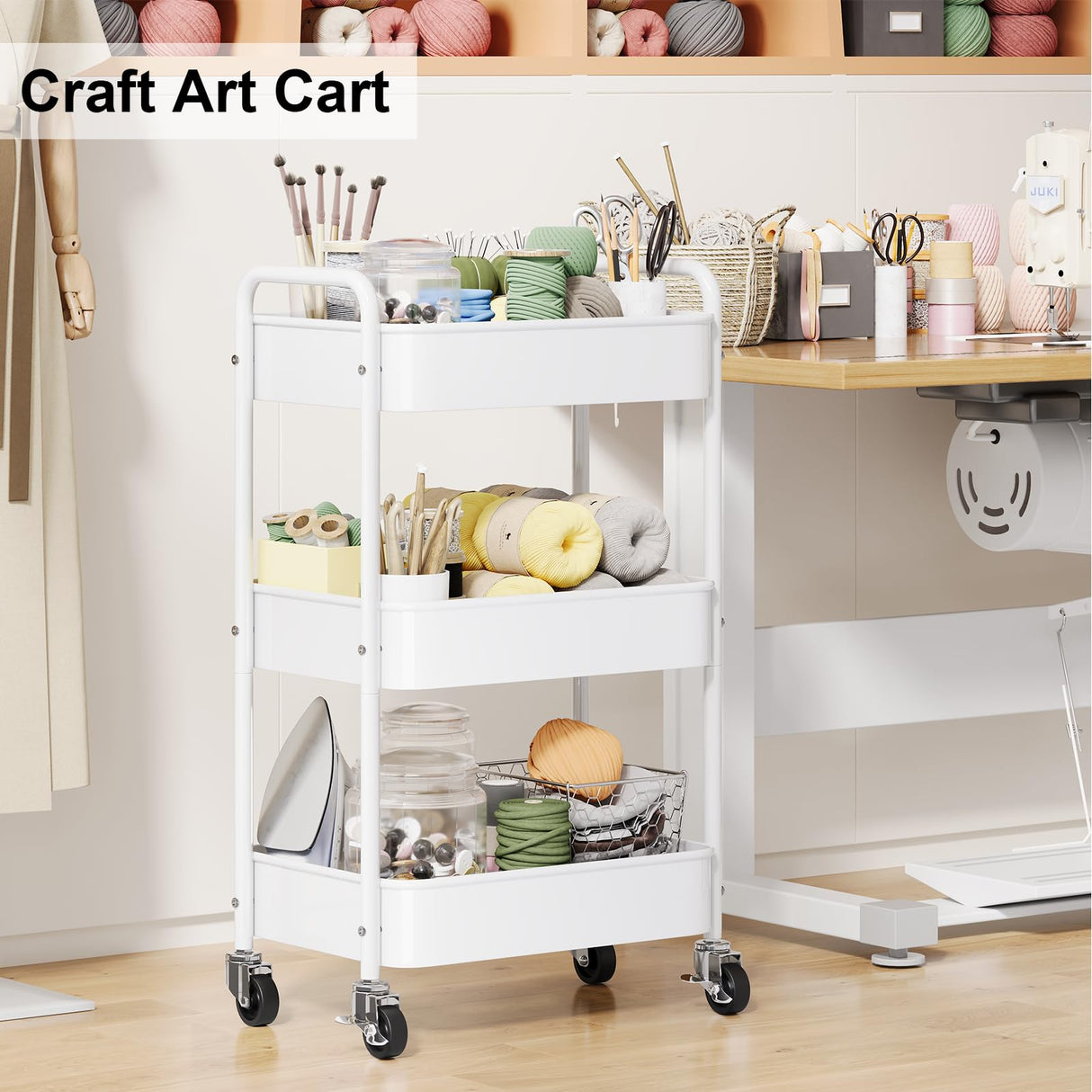 3 Tier Rolling Cart Metal, White Utility Cart with Lockable Wheels, Mesh Rolling Storage Cart Organizer on Wheels, Three Tiered Craft Cart for Kitchen, Bathroom, Office,Laundry Room, Art, Baby Diaper WBKATN
