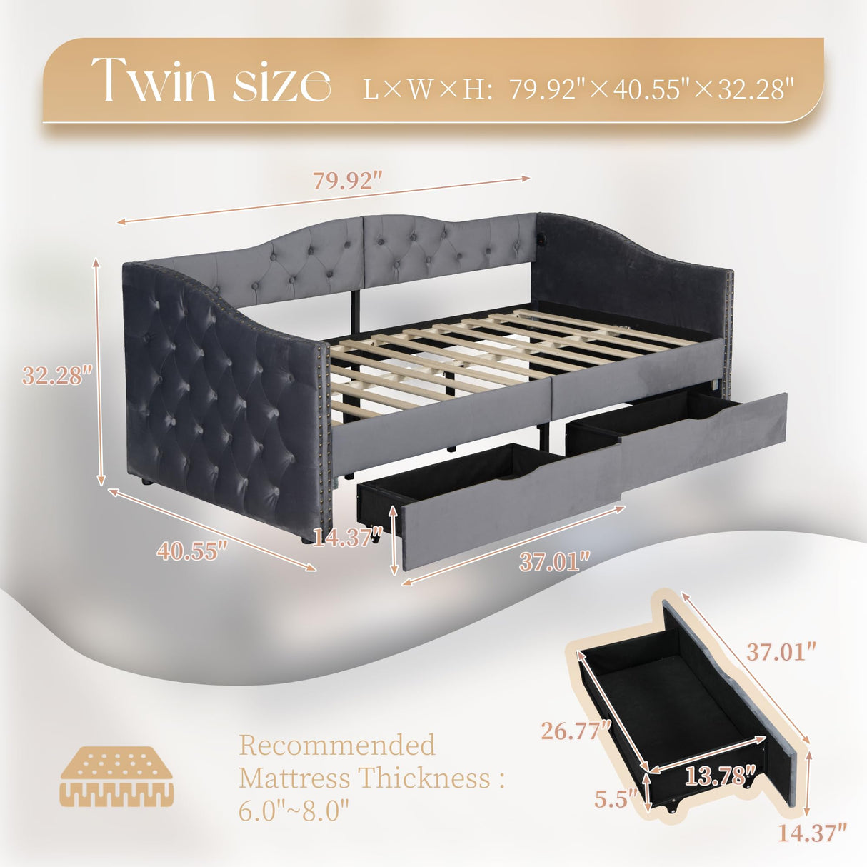 Daybed with Storage Drawers, Twin Size Velvet Upholstered Sofa Bedframe w/USB Port, Button Tufted Backrest and Nailhead Design Daybeds for Bedroom, No Box Spring Needed (Dark Grey, Twin w/Drawers) HMYFGD