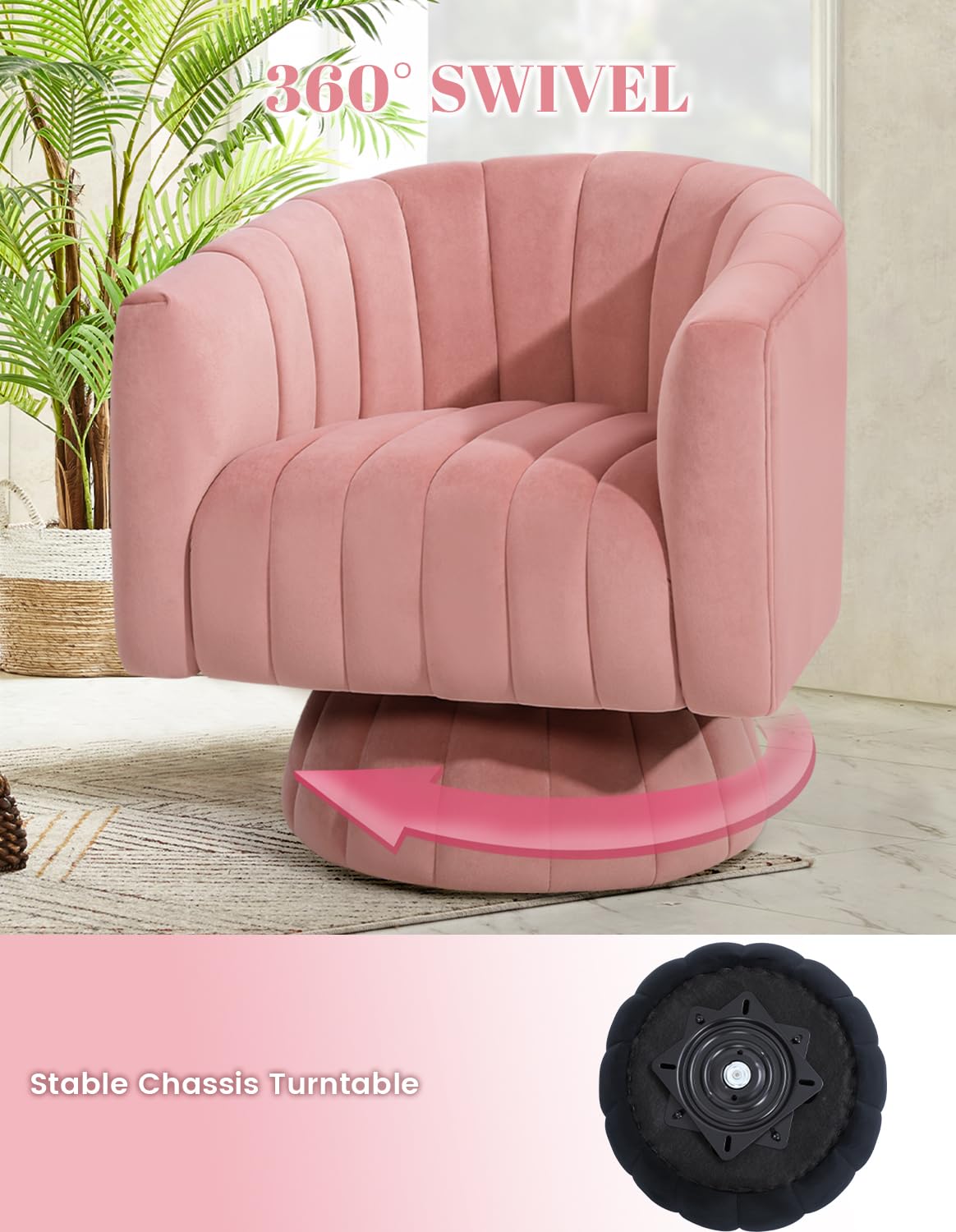 Kromax Accent Chair Mid Century 360 Degree Swivel Barrel Chair with Armrest, Overstuffed Tufted Velvet, Ideal for Living Room, Bedroom, Reading Room, Light Pink Kromax