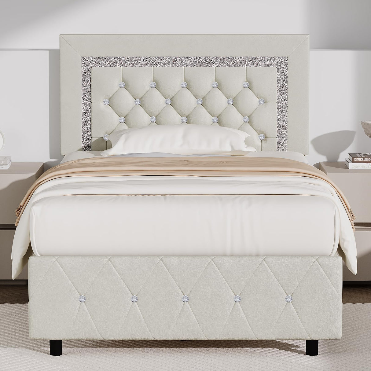 Twin Bed Frame with Diamond Tufted Headboard, Faux Leather Upholstered Bed with Wooden Slats Support, No Box Spring Needed, Mattress Foundation, Easy Assembly, Cream BarnFurin