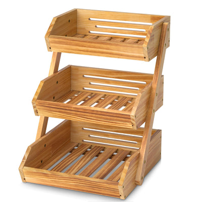 G.a HOMEFAVOR Wooden 3 Tier Fruit Basket, Brown, Pine Wood, Sturdy, Self-assembly