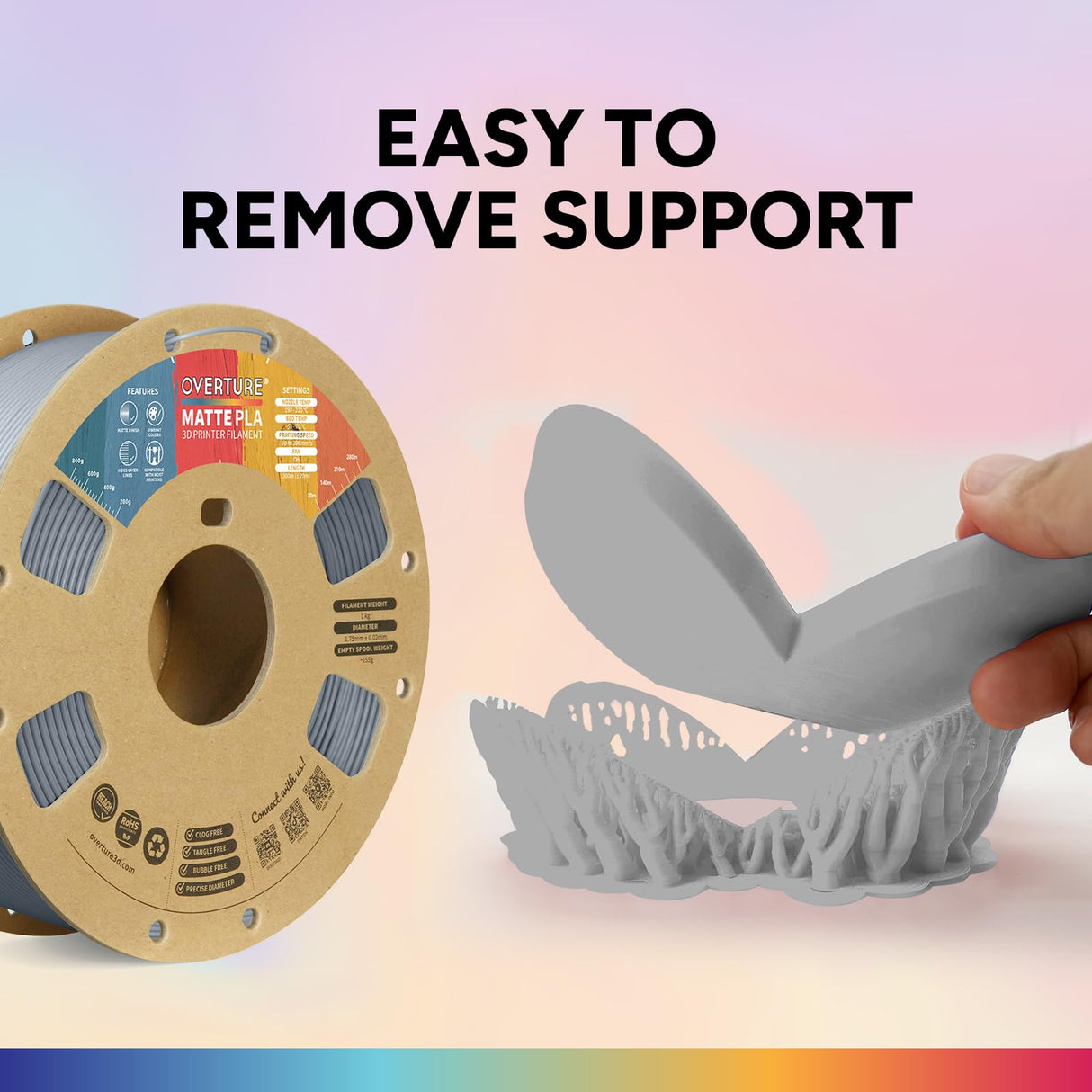 OVERTURE PLA Matte 3D Printer Filament 1.75mm, Matte PLA 1kg Cardboard Spool (2.2lbs), Dimensional Accuracy +/- 0.02 mm (Matte Light Gray) OVERTURE