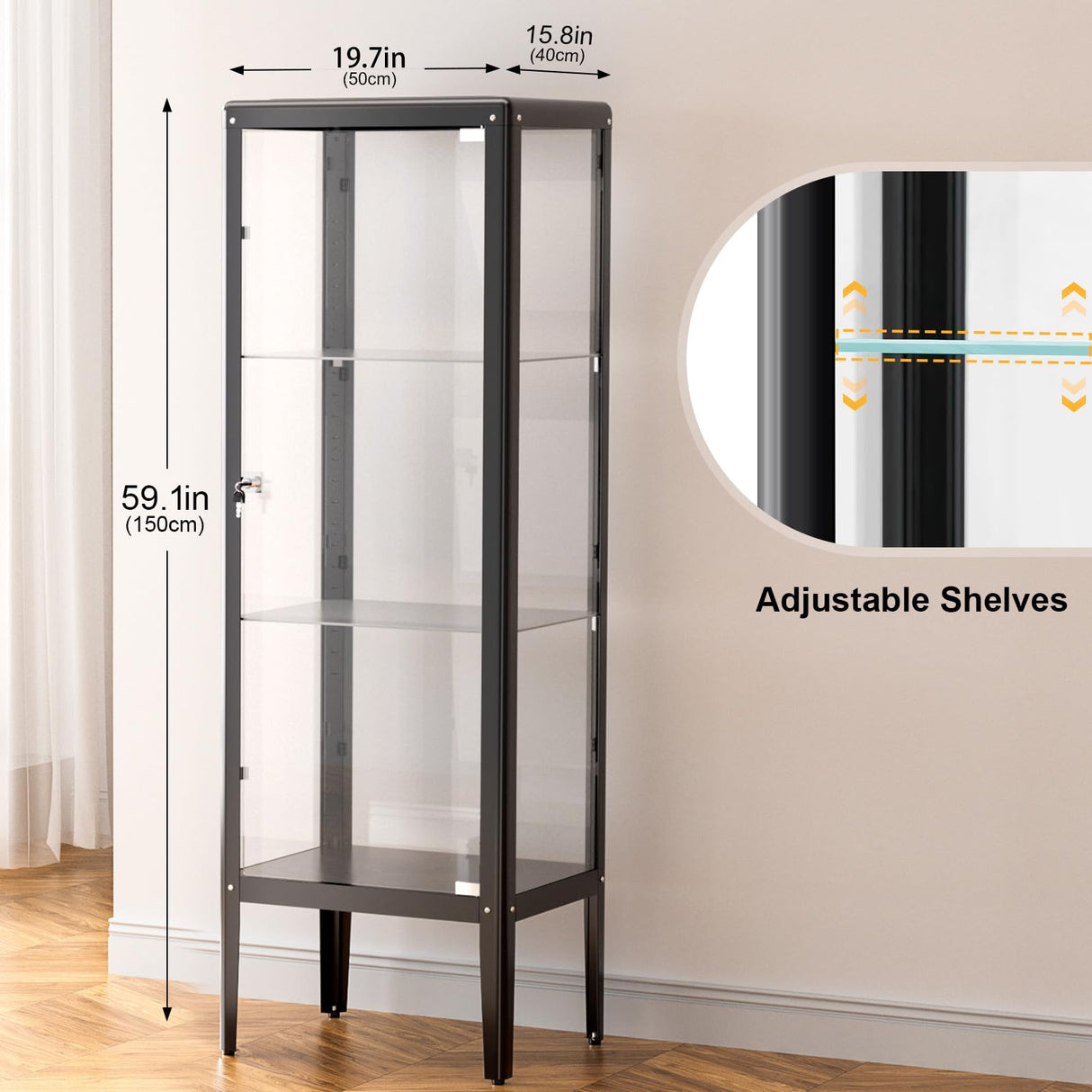 Ryoko Display Cabinet with Glass Door, Adjustable 3-Shelf Shelves, Curio Cabinet with LED Light, Glass Display Cabinet with Lock,Storage Cabinets, Dark Grey Ryoko