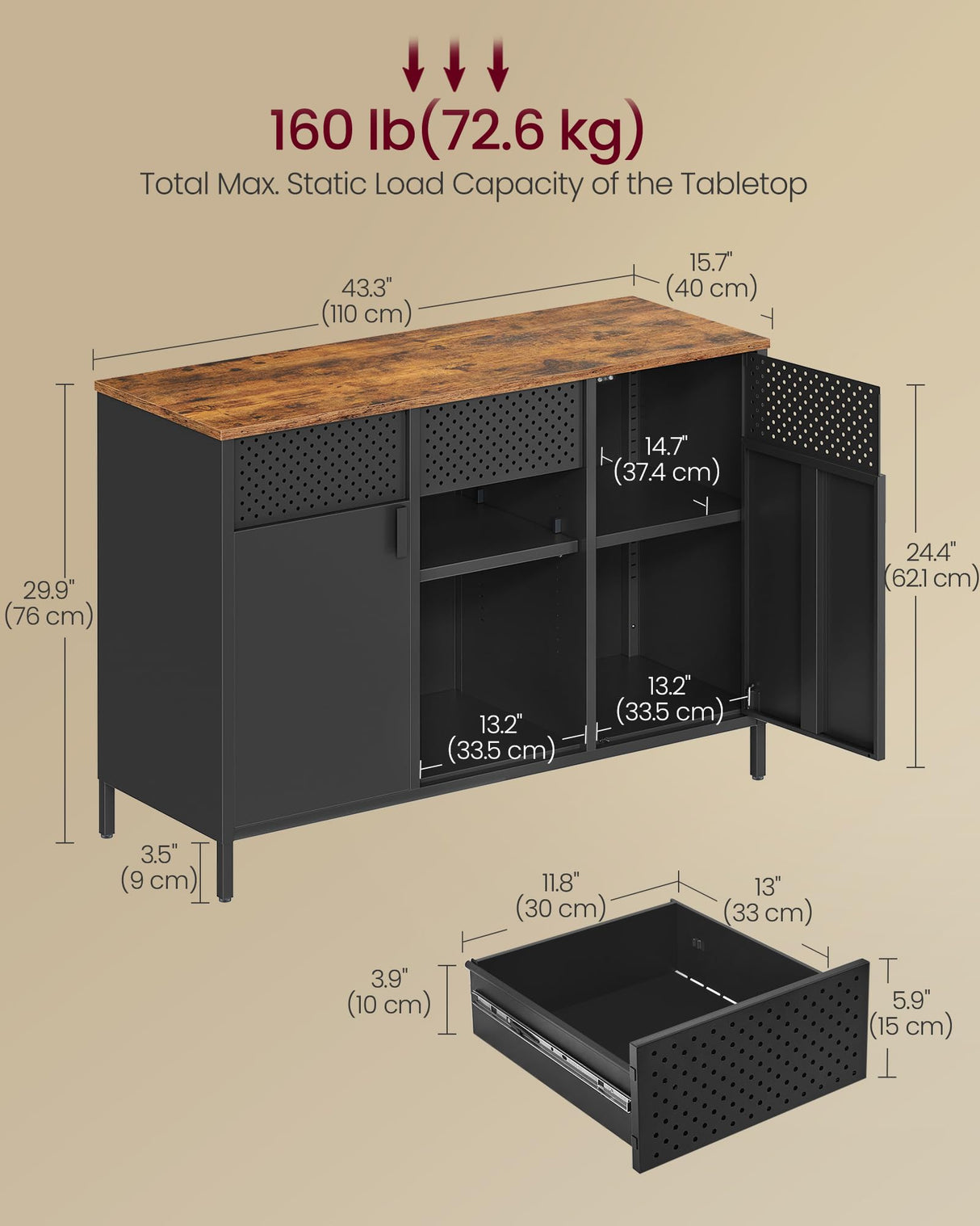 SONGMICS Storage Cabinet, Metal Cabinet, Sideboard with 2 Doors, Magnetic Closure, Adjustable Shelves, Steel Frame, Rustic Brown and Matte Black ULSC204B01 SONGMICS