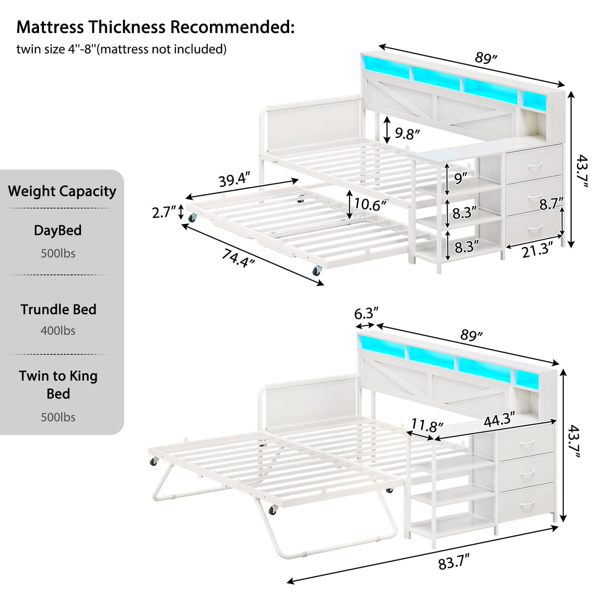 VIAGDO Daybed Twin with Pop Up Trundle, Farmhouse Wooden Day Bed Frame with 3 Storage Drawers and Shelves, Twin to King Daybed with Charging Station and LED Lights for Bedroom, Guest Room, White VIAGDO