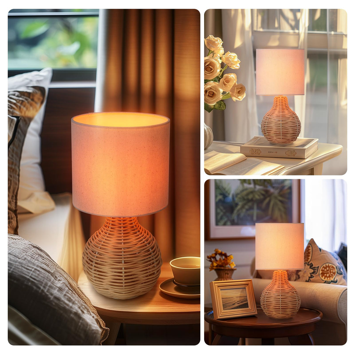 VELXEE Rattan Table Lamp, Vintage Wicker Wooden Nightstand Lamp Set of 2, Boho Bamboo Woven End Table Lamp for Bedroom Living Room Desk Room VELXEE