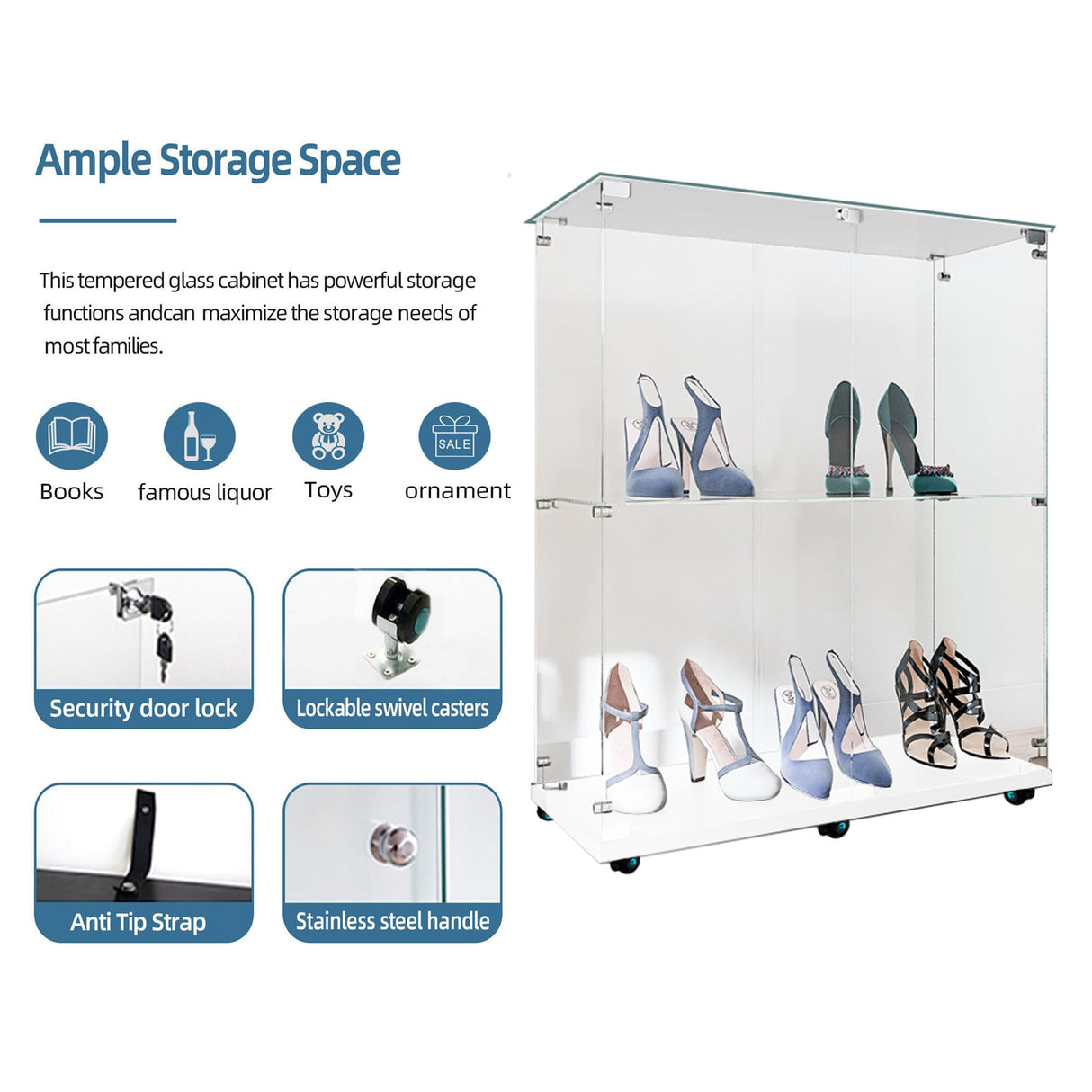 Glass Display Cabinet with LED Lights and Wheels,Rolling 2 Doors 2 Shelves Glass Top Curio Cabinet with Lock Modern 34.17" High Led Curio Display Cabinet Showcase for Living Room,Bedroom,White Henf