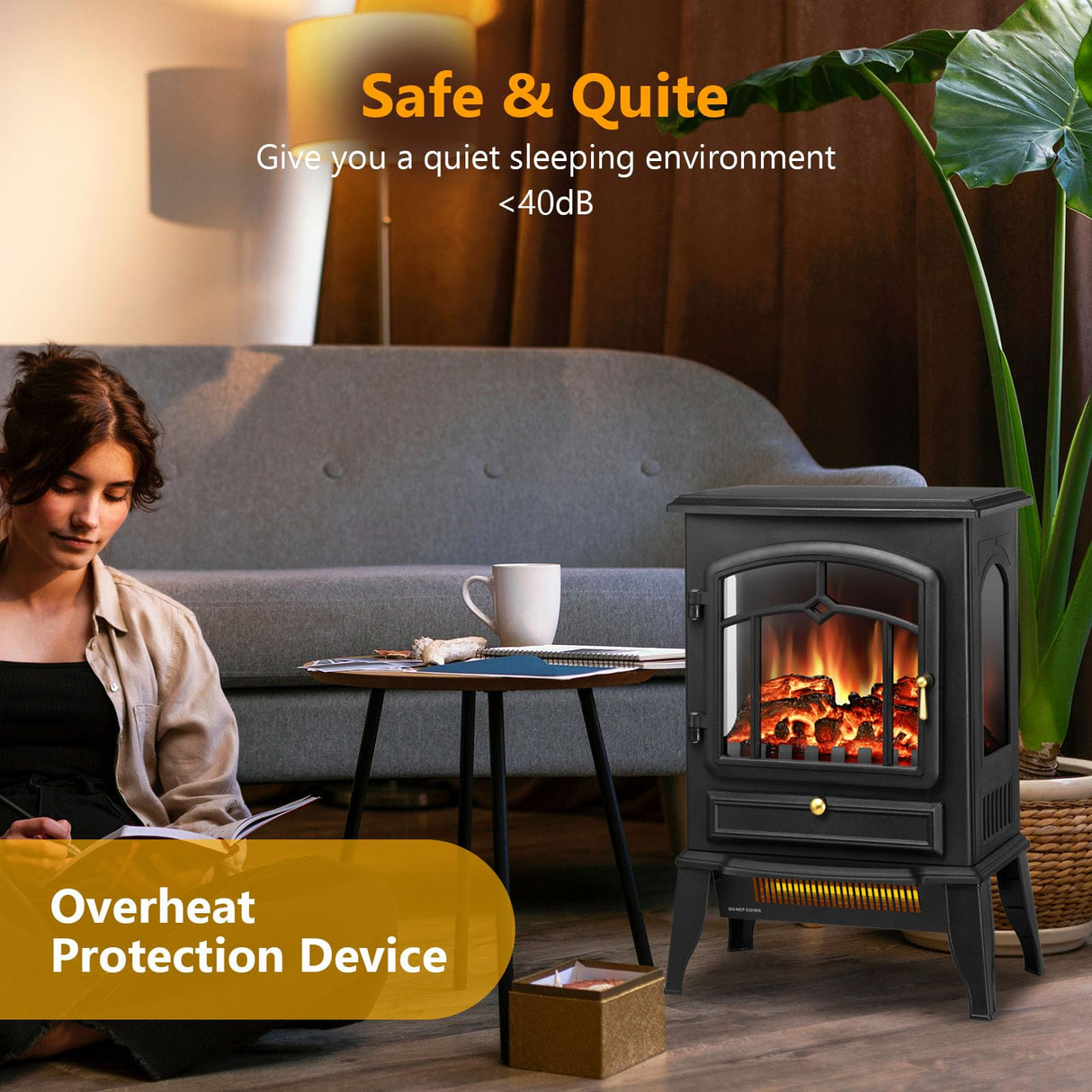 Xbeauty Indoor 15'' Electric Fireplace Stove, Freestanding Fireplace Heater with Adjustable Realistic 3D Flame Effect, Overheating Protection, for Small Spaces or Bedroom, 1000W/1500W Xbeauty