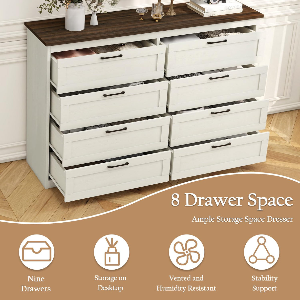 Vikiullf 8 Drawer Dresser - Farmhouse Dresser for Bedroom, Wooden Chest of Drawers, Storage Drawers for Bedroom, Living Room, Hallway, Entryway Organizer, Rust Oak White Vikiullf