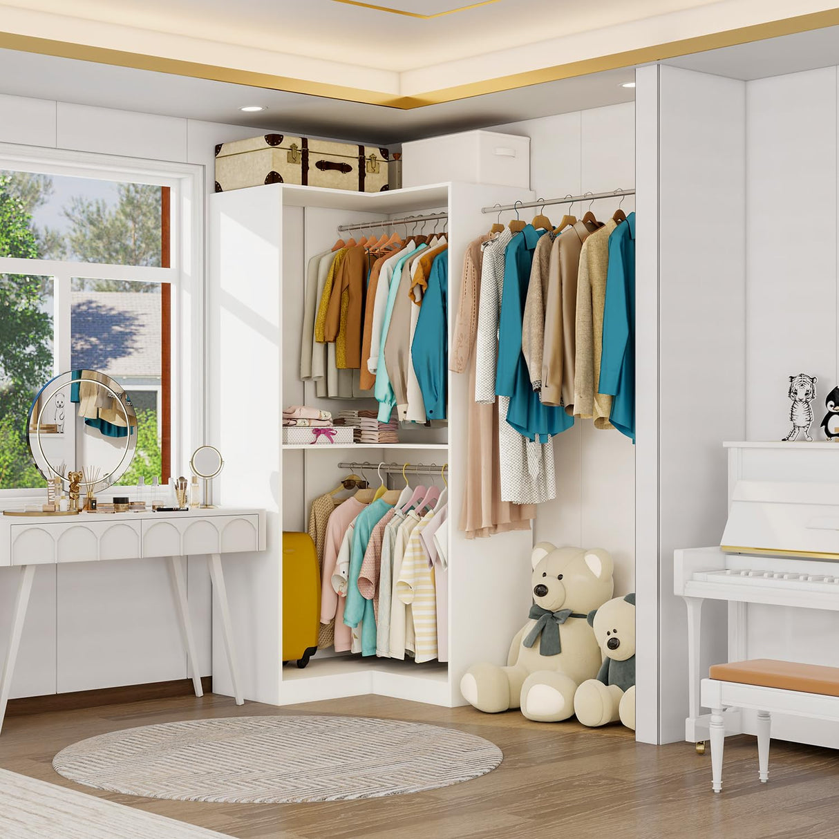 Vomavex Corner Closet System with 3 Hanging Rods, 30.8”-70.2” L Shaped Freestanding Closet Organizer for Walkin Closet, Corner Wardrobe, White vomavex