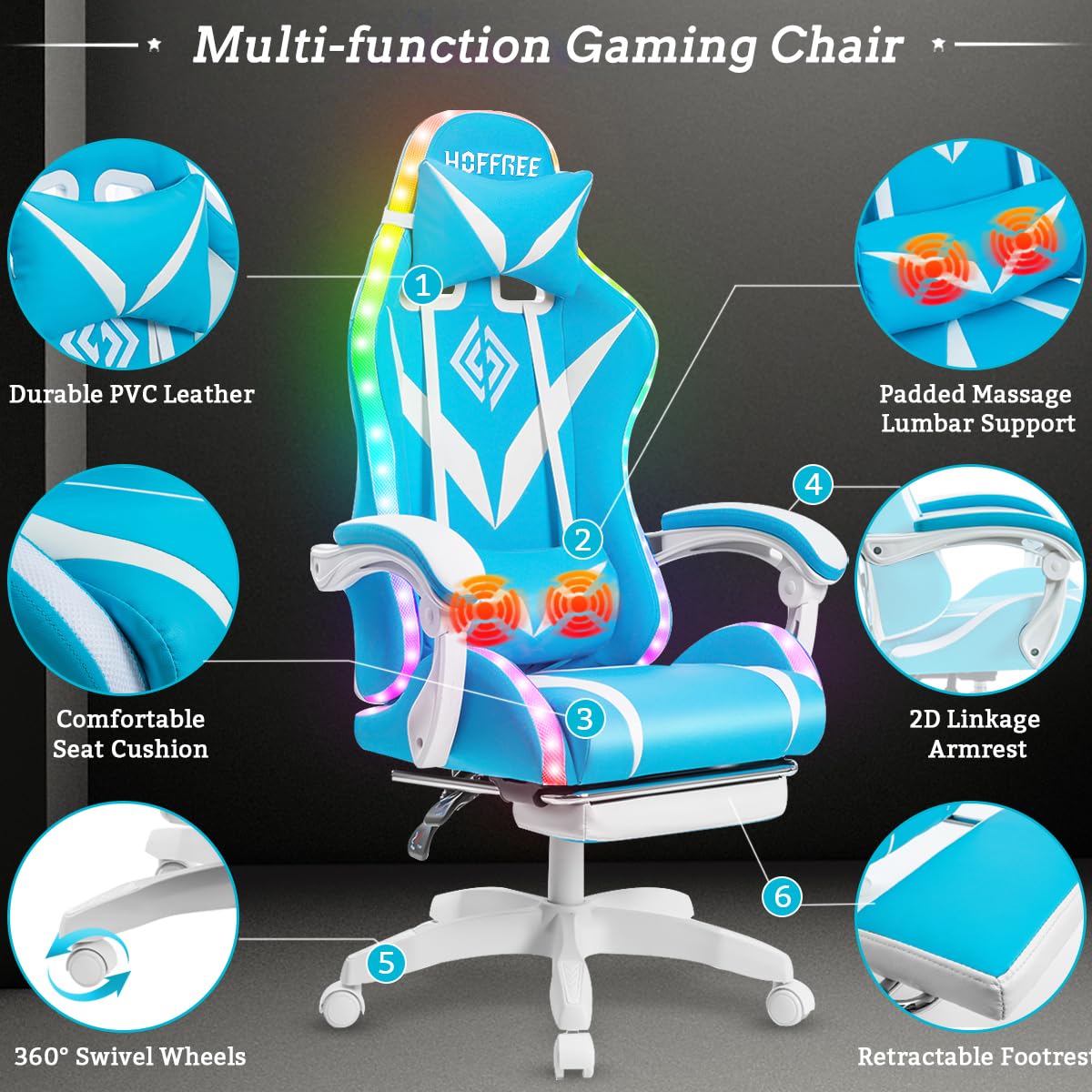 HOFFREE Gaming Chair with Massage and LED Lights Ergonomic Video Game Chairs with Footrest High Back Reclining Computer Chair with Adjustable Lumbar Support Blue and White HOFFREE