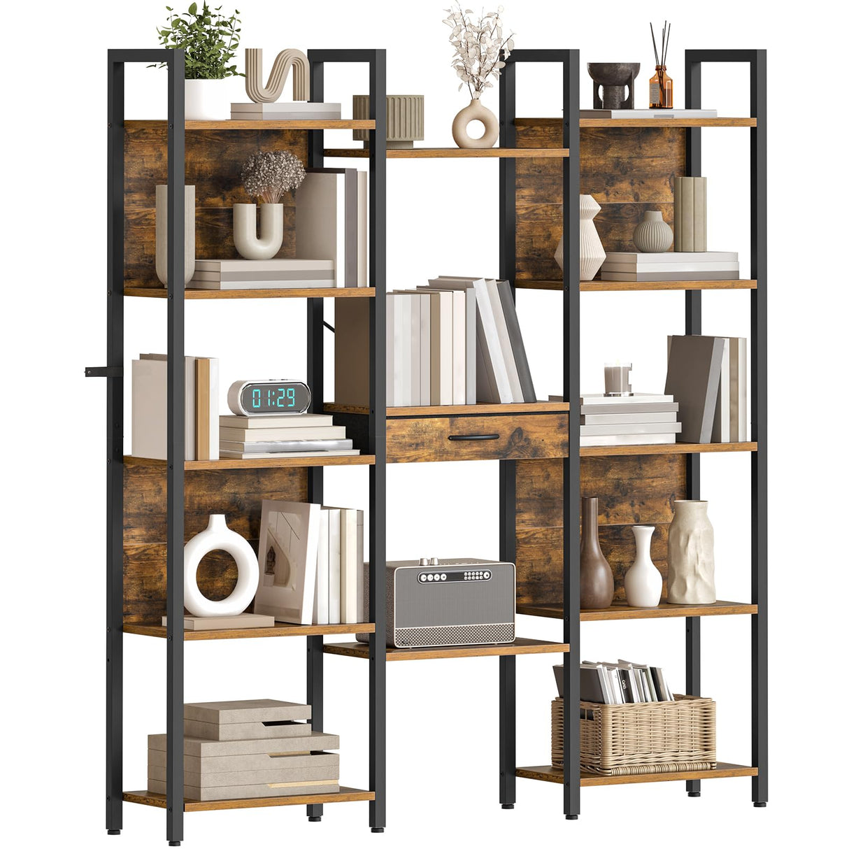HOOBRO Triple Book Shelf, Industrial Bookshelf with Drawer, 5-Tier Bookcase with Metal Frame, Bookcase with 13 Open Display Shelves for Home Office, Living Room, Rustic Brown and Black BF160SJ01 HOOBRO