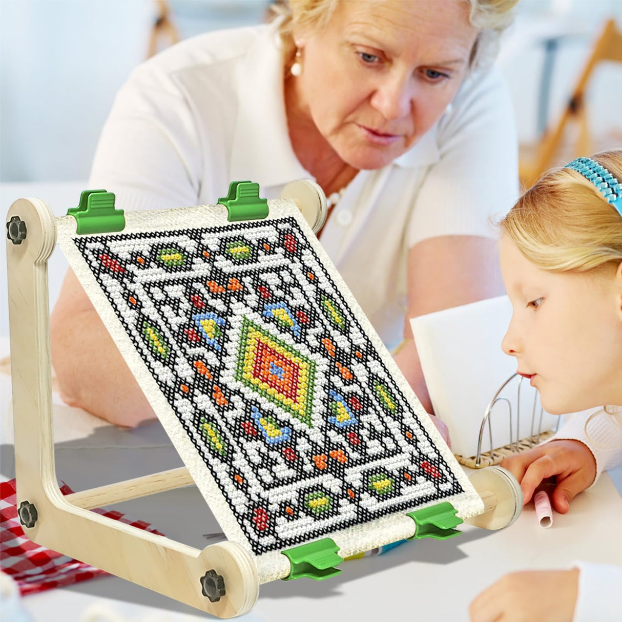 2 Pack Adjustable Wooden Embroidery Stands for Cross Stitch, Tabletop Hoop Holder with 2 Sizes Rods Tapestry Needlepoint Lap Natural Wood Frame for Sewing & Quilting wdbg