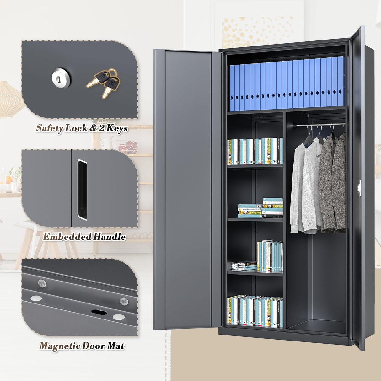 Athena Collection 72" Metal Storage Cabinet, 6 Tier Storage Cabinet with Hanging Rod and Removable Shelves, Lockable Tall Cabinet Tool Storage Unit Cabinet for Office Bedroom Garage, Gray Athena Collection