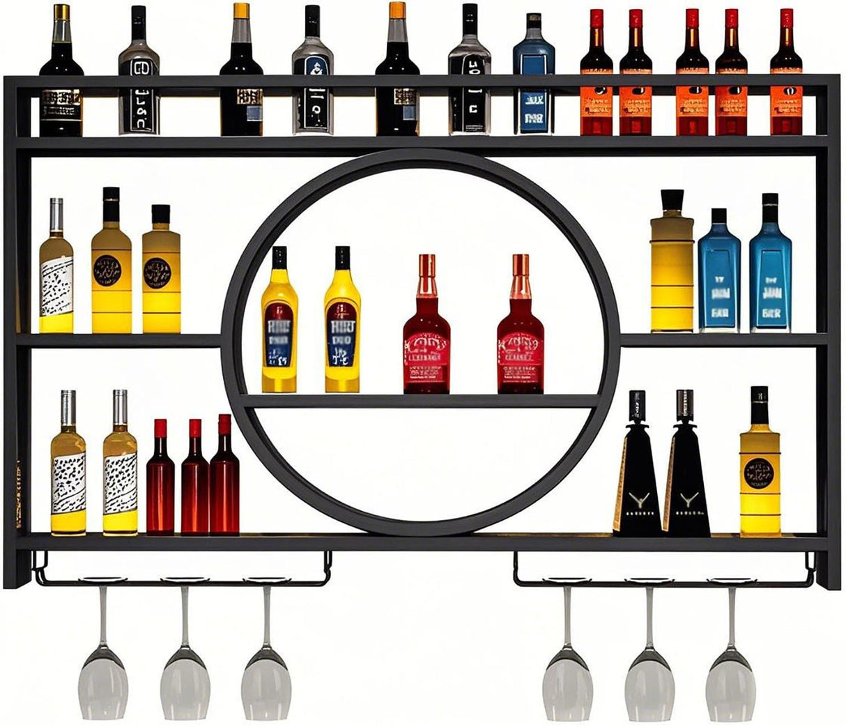 OMKUOSYA Wall Mounted Wine Rack, Metal 3-Tier Large Capacity Hanging Bar Shelves with Glass Holder, Round Wine Bottle Storage Display Shelf for Kitchen, Living Room, Home (Black, 39.4in/100cm) OMKUOSYA