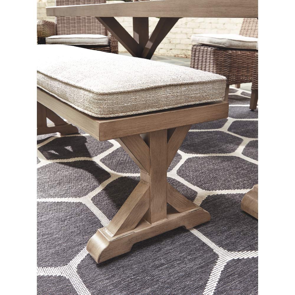 Signature Design by Ashley Beachcroft Patio Farmhouse Outdoor Upholstered Dining Bench, Beige Signature Design by Ashley