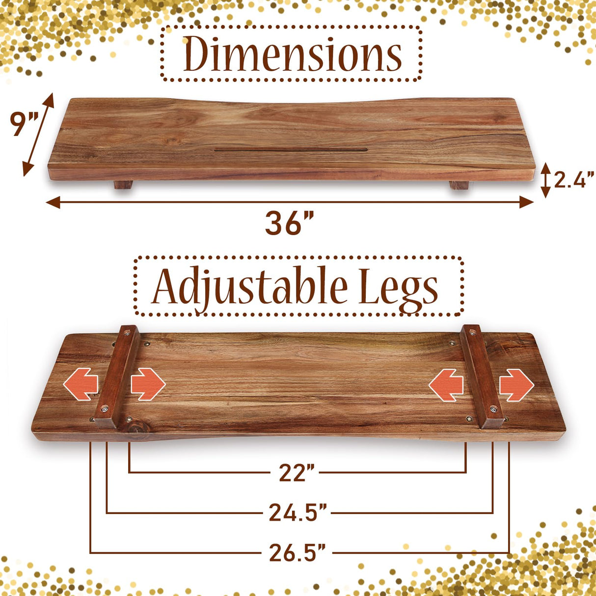 Premium Acacia Wood Bathtub Tray Caddy with Adjustable Legs, Minimalistic Design Bath Tray for Tub, Bathtub Accessories, Fits Most Bath Tubs, Idea La vie elegante
