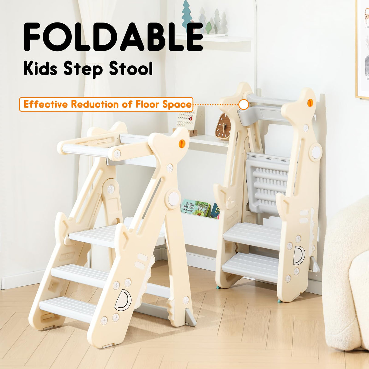 Toddler Kitchen Step Stool, Foldable Toddler Standing Tower for Toddler Kitchen Stool Helper - Adjustable Height Toddler Kitchen Stool, Removable Anti-Drop Railing Safety Rail HAPPYMATY