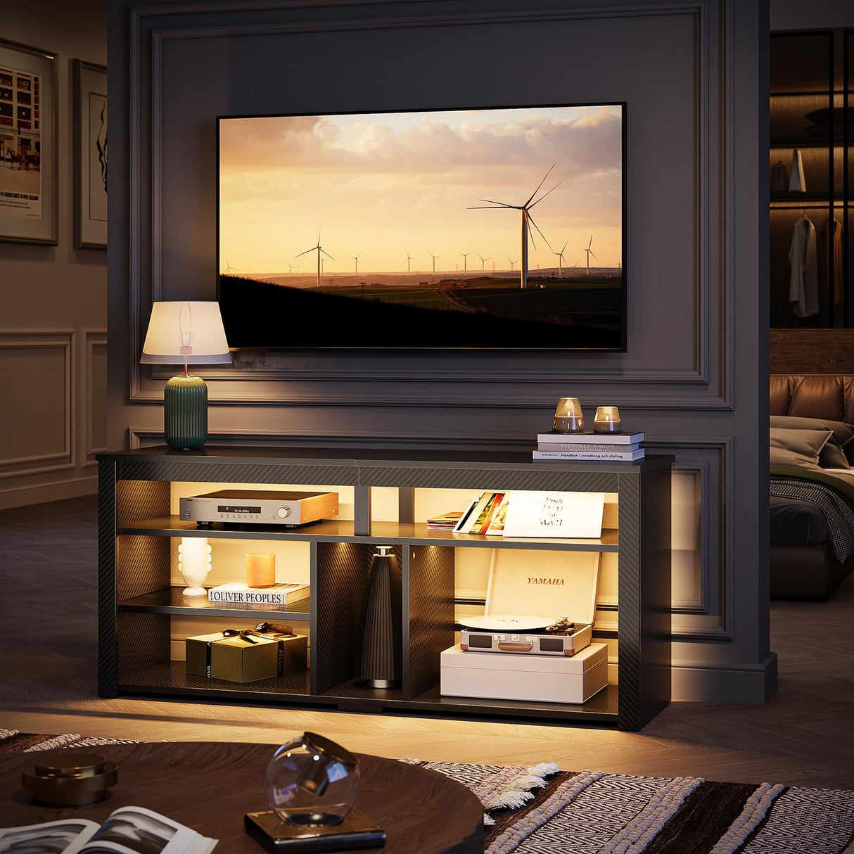 Bestier LED Tall TV Stand, Entertainment Center for 55/60/65 inch TV, Gaming TV Console with Storage for PS5, Adjustable Shelf Modern High TV Cabinet for Living Room Bedroom, Carbon Fiber Black Bestier