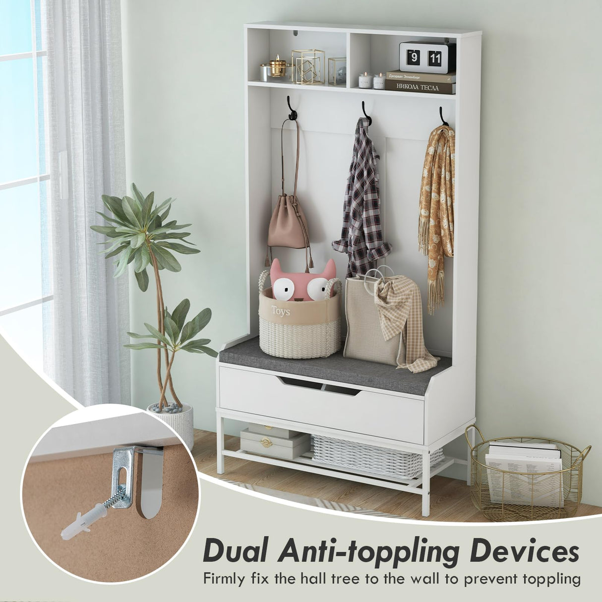 Tangkula 69 Inches Hall Tree, 4-in-1 Coat Rack with Bench and Shoe Storage, Seat Cushion, Open Compartments, Hooks, Lift-top Storage, Entryway Bench with Anti-toppling Devices (White) Tangkula