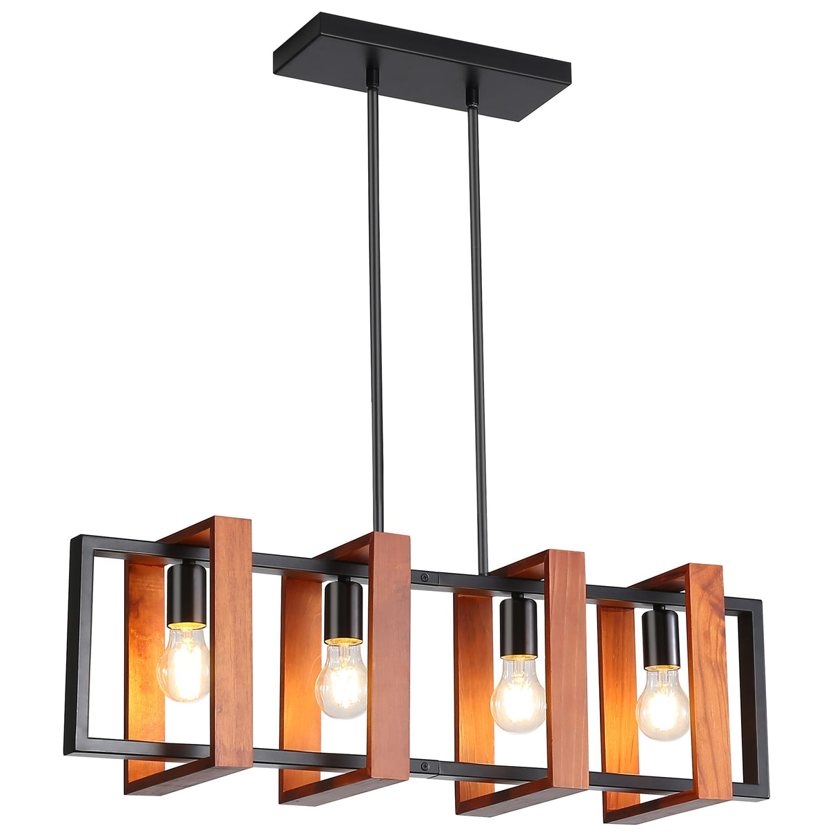 HUMHOLD 4-Light Kitchen Island Lights Pendant Light Farmhouse Dining Room Light Fixture, Rustic Wood and Black Metal Rectangular Chandelier, 32" Hanging Lighting for Living Room, Bar HUMHOLD