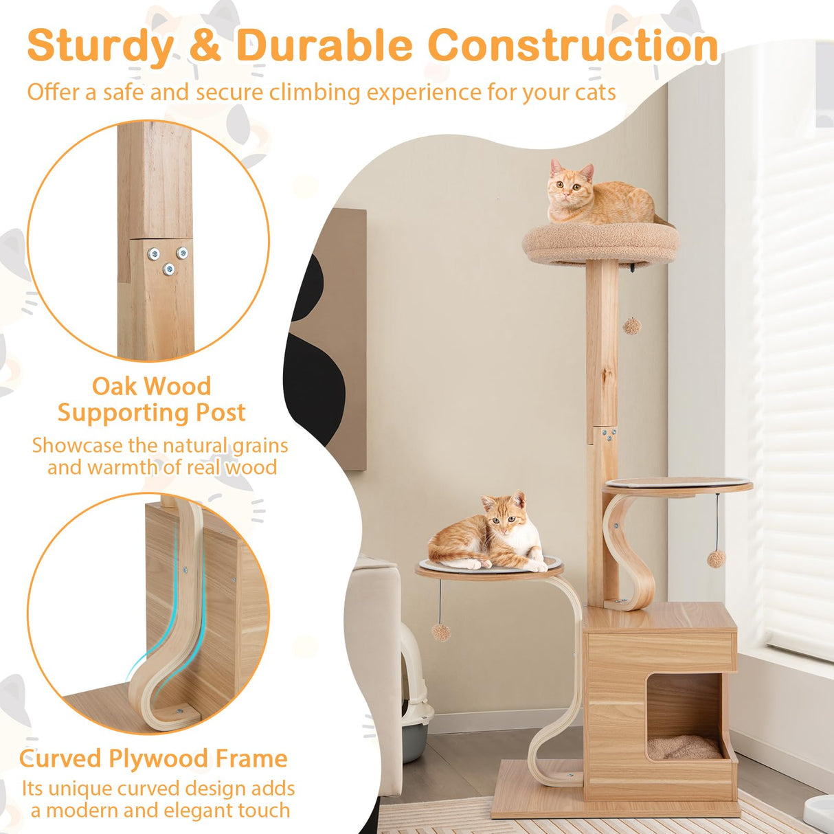 Tangkula Modern Cat Tree, 51 Inch Tall Cat Tower with Solid Wood Post, Curved Plywood Frame, Cat Condo, Perch, Washable Cushions, 4-Layer Cat Activity Center, Cat Tree for Indoor Cats Large Adult Tangkula