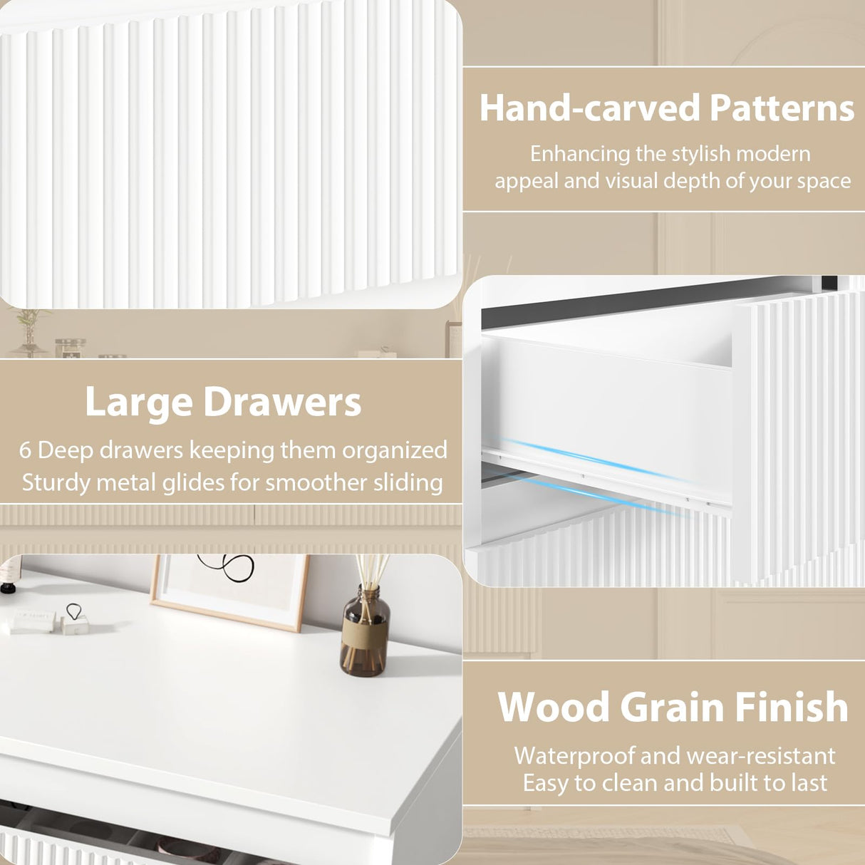 Jocoevol White 6 Drawer Dresser for Bedroom, Modern Fluted Dresser with Deep Drawers, Large Double Wooden Chest of Drawers for Living Room, Hallway, Entryway (White) Jocoevol