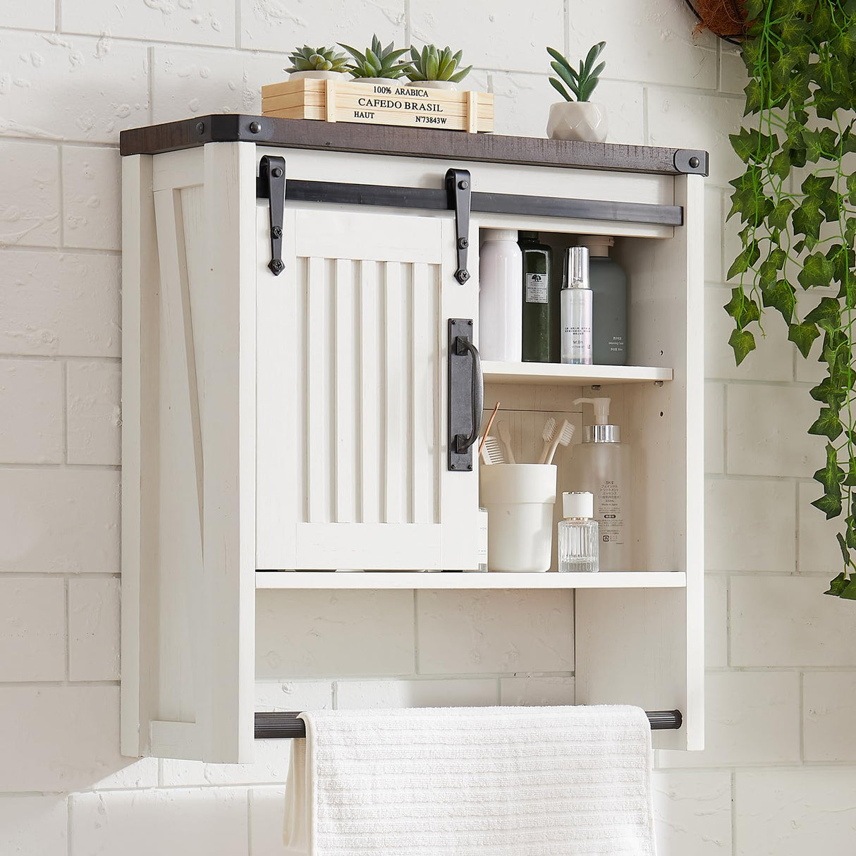 Bathroom Wall Cabinet, Farmhouse Medicine Cabinet with Sliding Barn Door & Adjustable Shelves, Wall Mounted Storage Cabinet for Toilet, Kitchen, Living Room (Antique White) Minifeel