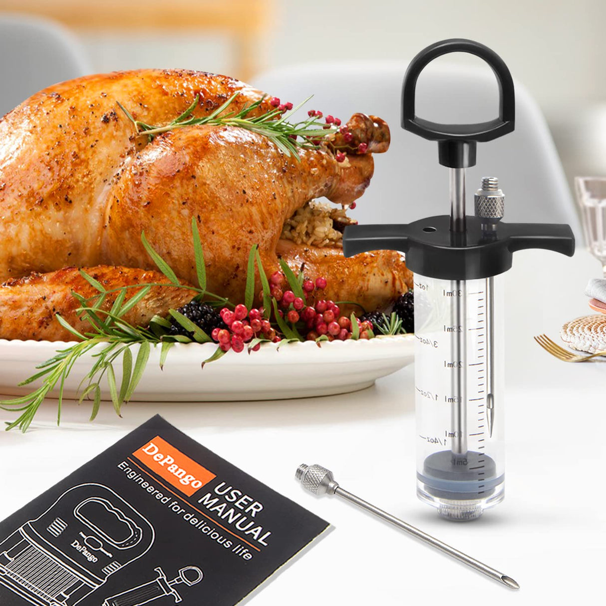 DePango Meat Injector, Anti-Break 1-oz Turkey Injector Syringe for Meats with 2 Stainless Steel Meat Needles, Crack-Proof Plastic Marinade Flavor Injector for BBQ Smoker, Steak, Pork and Chicken DePango