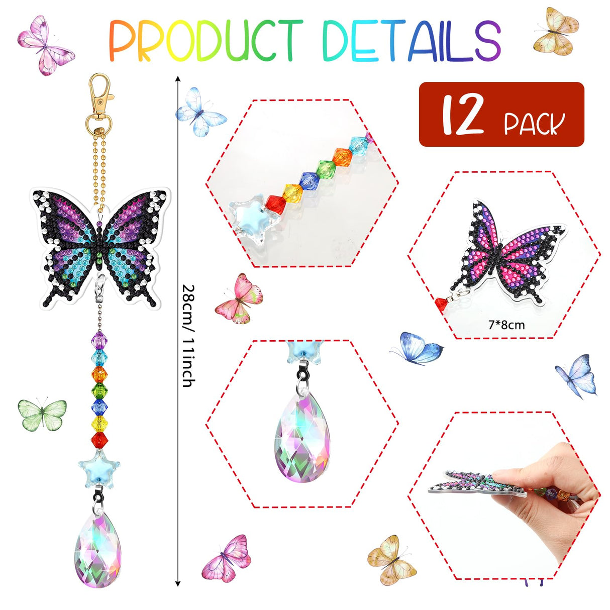 Kigley 12 Pcs Butterfly Diamond Art Wind Chimes Kit Diamond Painting Suncatcher Keychains Double Sided 3D DIY Window Hanging Ornaments Kigley