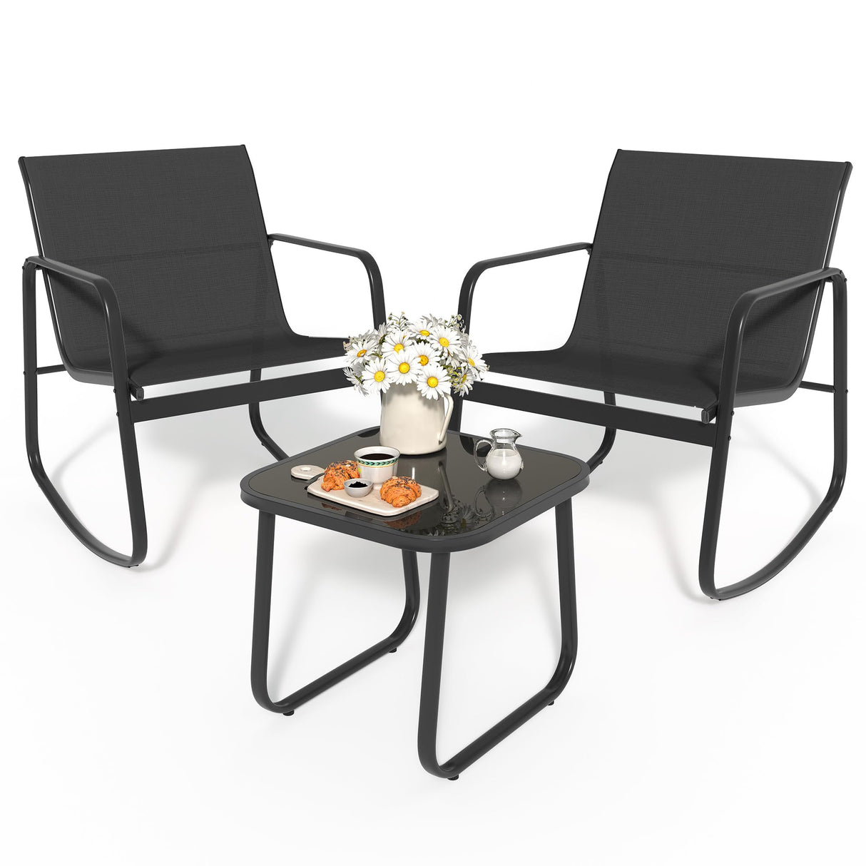 YITAHOME 3 Piece Patio Furniture Set with Rocking Bistro Chairs and Glass Table, Textilene Fabric Small Outdoor Conversation Furniture Set for Backyard, Lawn, Garden, Balcony, Poolside (Black) YITAHOME