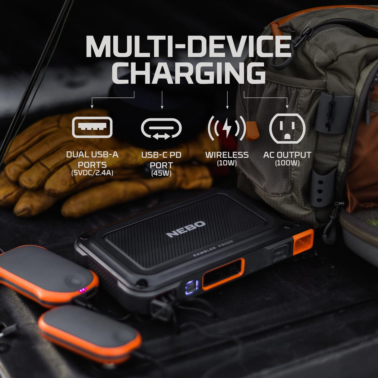 NEBO RAMBLER Portable Power Station, Powerful, Handheld, Versatile, Multi-Device Charging, Solar Ready with Integrated AC Inverter for Power to Work Remotely On or Off the Grid, Rambler 100 NEBO