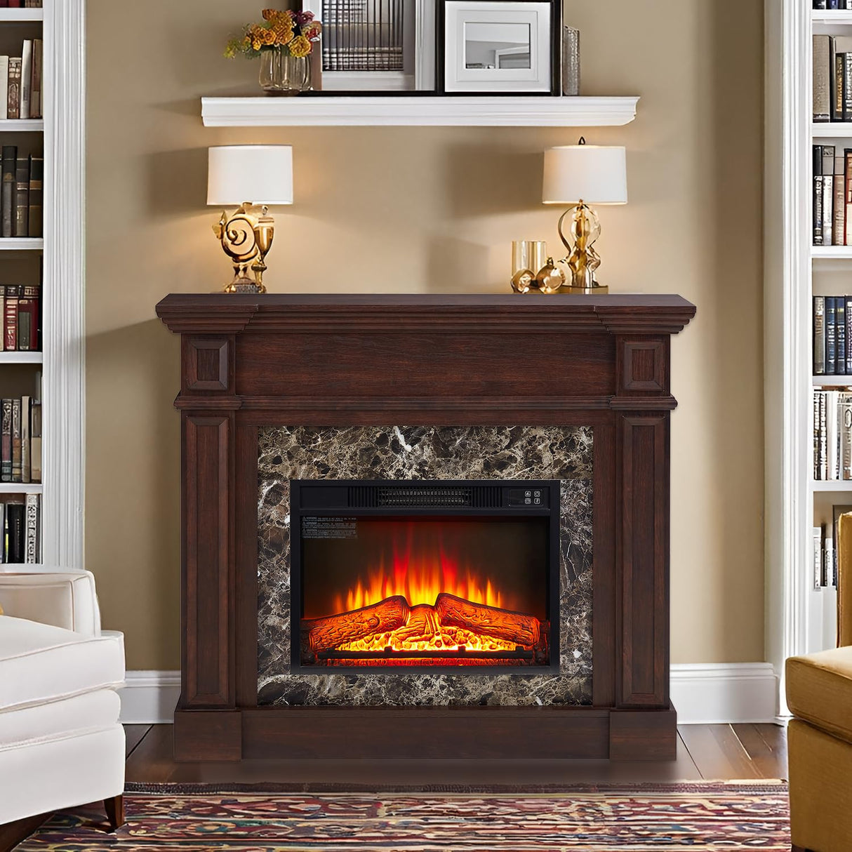 46" Large Electric Fireplace with Mantel, 40" H Tall Fireplace TV Stand, Freestanding Electric Fireplace Heater with Adjustable Flame, Remote Control Fire Place Mantel for Living Room (Walnut) PUTESTEVE