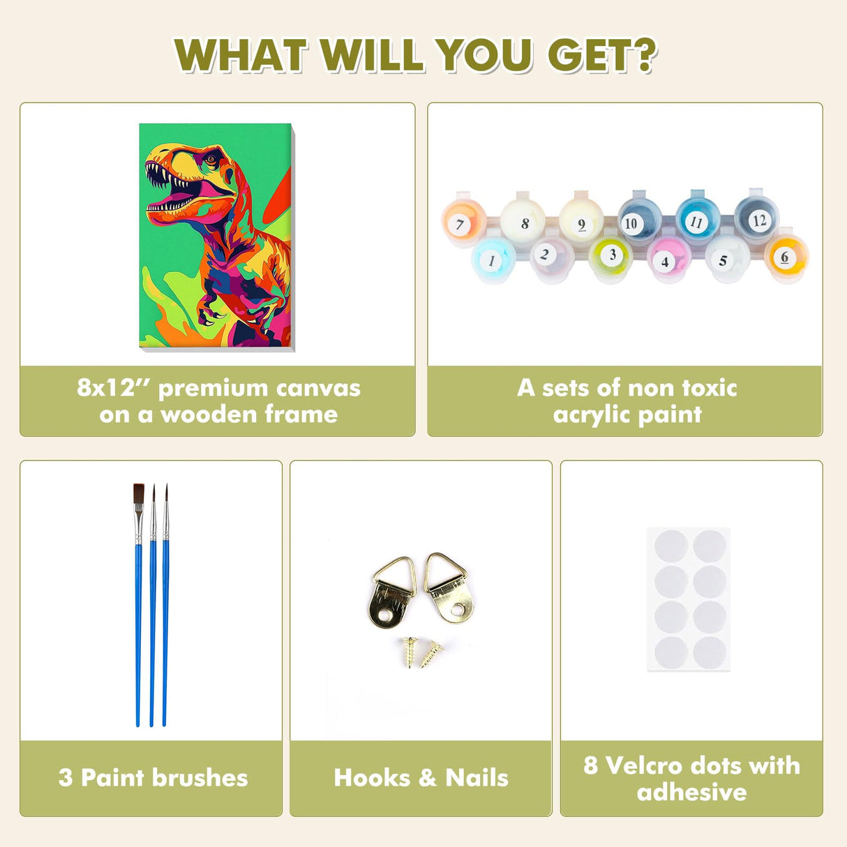 Bowetile Framed Cartoon Paint by Numbers for Kids Beginners, Dinosaur Paint by Numbers for Kids Ages 8-12, Kids Paint by Number Kits on Canvas, DIY Acrylic Number Painting for Home Decor, 8x12in Bowetile