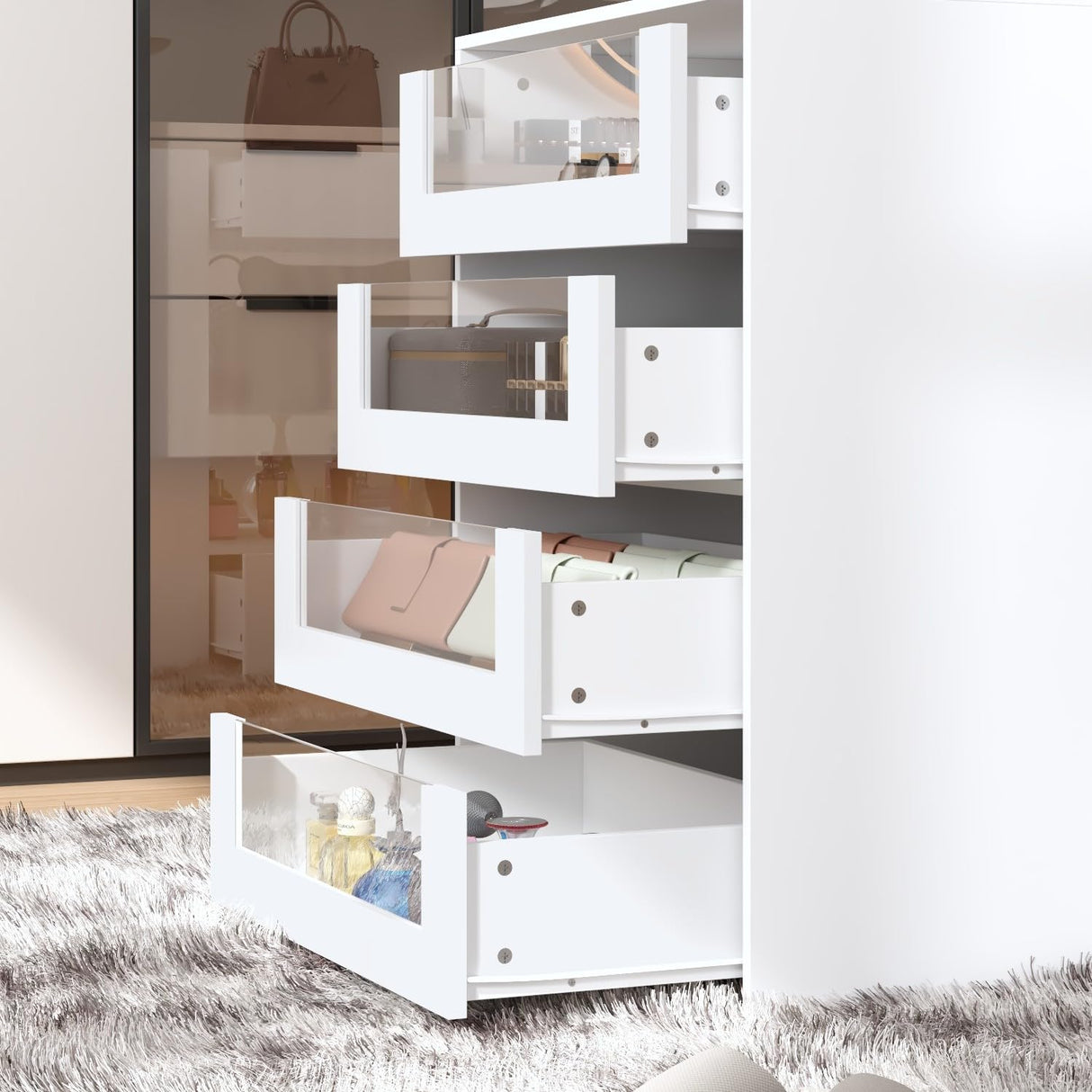 TAMUNE Armoire Bedroom Island Wardrobe Closet Island with 8 Drawers & Glass Tabletop, Walk in Closet Island with Drawers, Island Dresser with Display Shelf, for Bedroom White 47.2”W x 23.6”W x 31.5”H TAMUNE