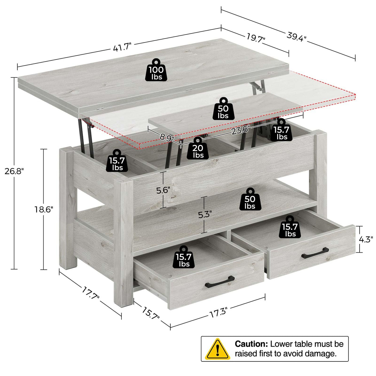 Rolanstar Coffee Table Lift Top, Multi-Function Convertible Coffee Table with Drawers and Hidden Compartment, Converts to Dining Table for Living Room, Home Office,Grey Rolanstar