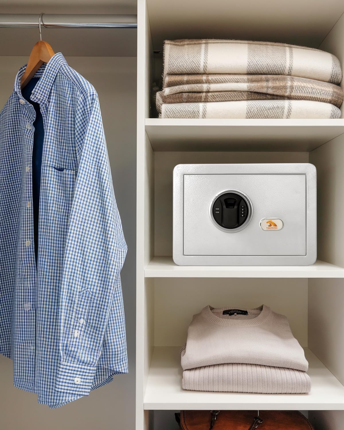 TIGERKING Biometric Fingerprint Home Safe, 1.2 Cubic Feet Digital Security Safe Lock Box, Quick-Access Small Safes for Cash, Jewelry, Handgun, Document, White TIGERKING