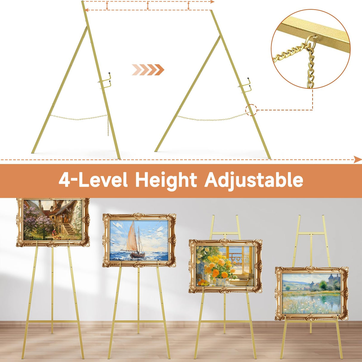 Gold Easel Stand for Sign, Heavy Duty Metal Display Easel with Adjustable Chain, 4-Tier Height Art Easel for Painting, Wedding Sign, Posters & Commercial Display 1 YACONA