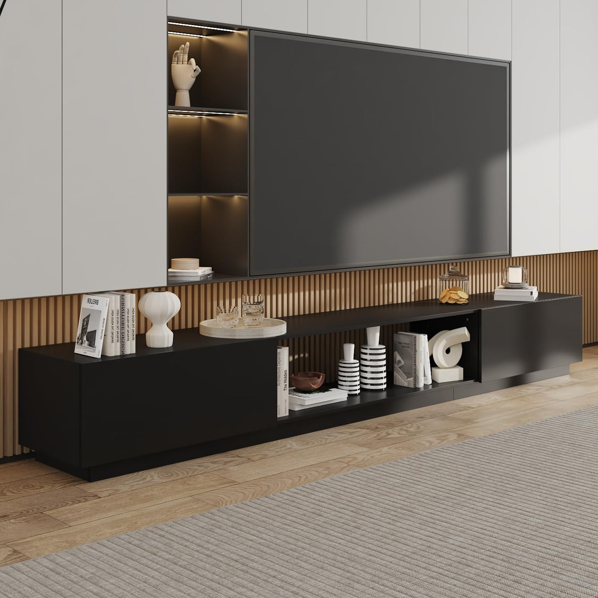 WOODTIME 109.4" W TV Stand for TVs up to 85 Inches, Extra Long Entertainment Center with 2 Large Drawers & Open Shelfs, Modern Wooden Media Console Cabinet for Living Room, Black WOODTIME