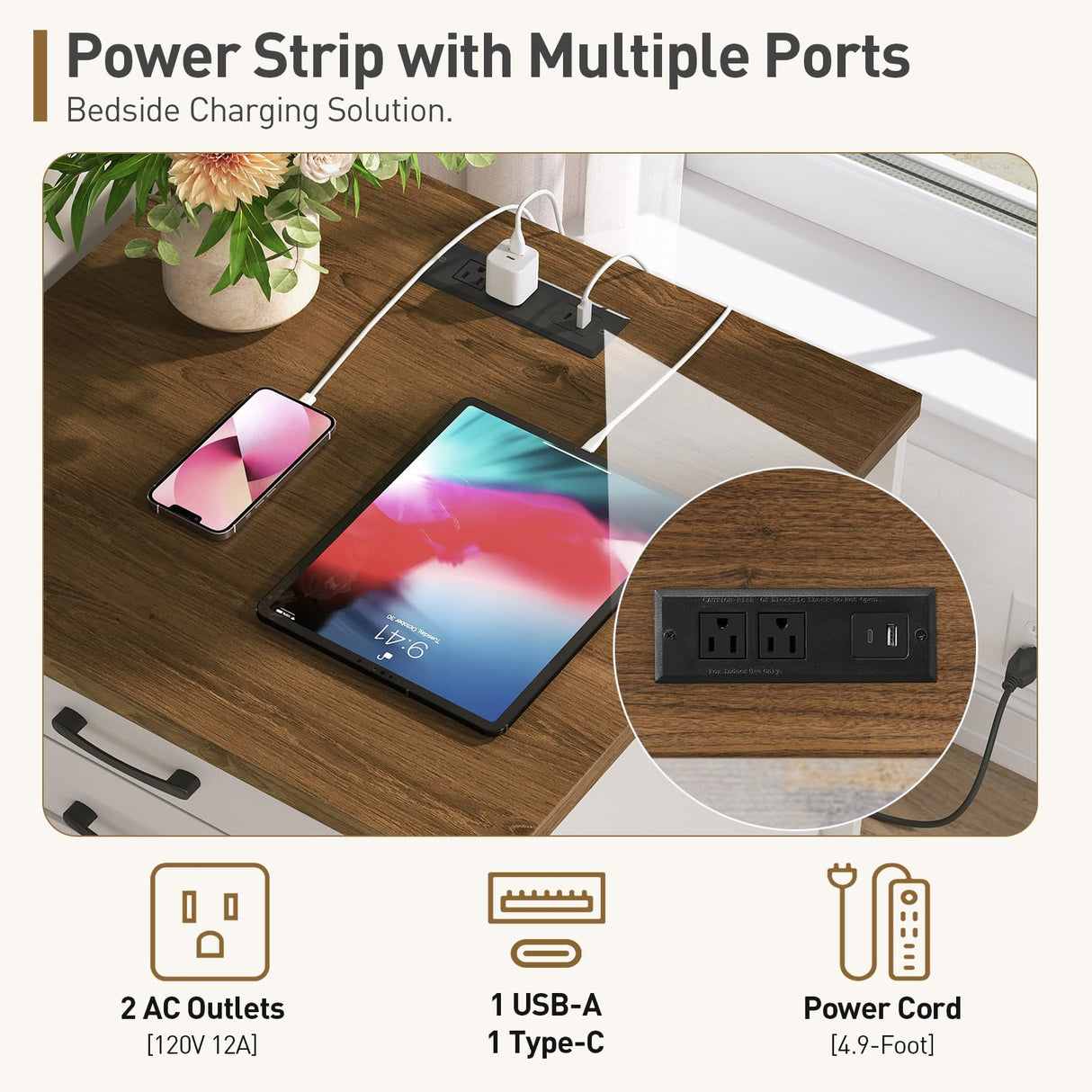 RALGEND Farmhouse End Table with Charging Station, 24'' Sofa Side Table with 2 Drawers and Barn Door, Large Rustic Wooden Square Nightstand for Bedroom, Living Room, White and Walnut RALGEND