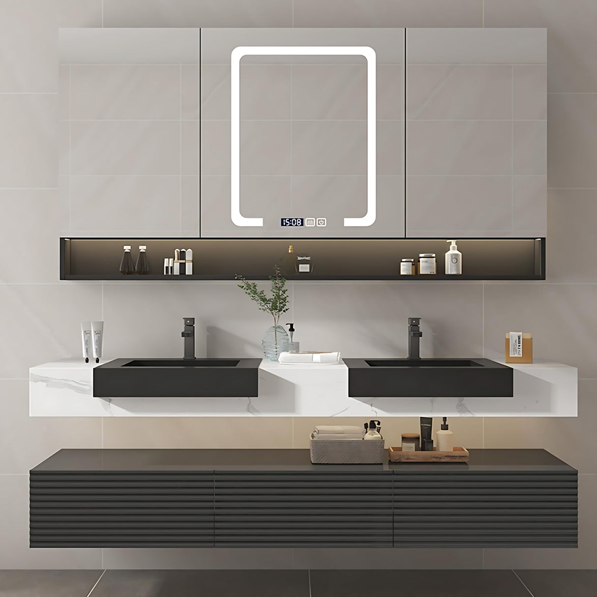 ZGNBSD Bathroom Vanity - Modern Bathroom Vanity with Sink & LED Smart Defogger Mirror Cabinet, Solid Wood Floating Bathroom Vanity, Wall-Mounted Installation (Double Sink, 60") ZGNBSD