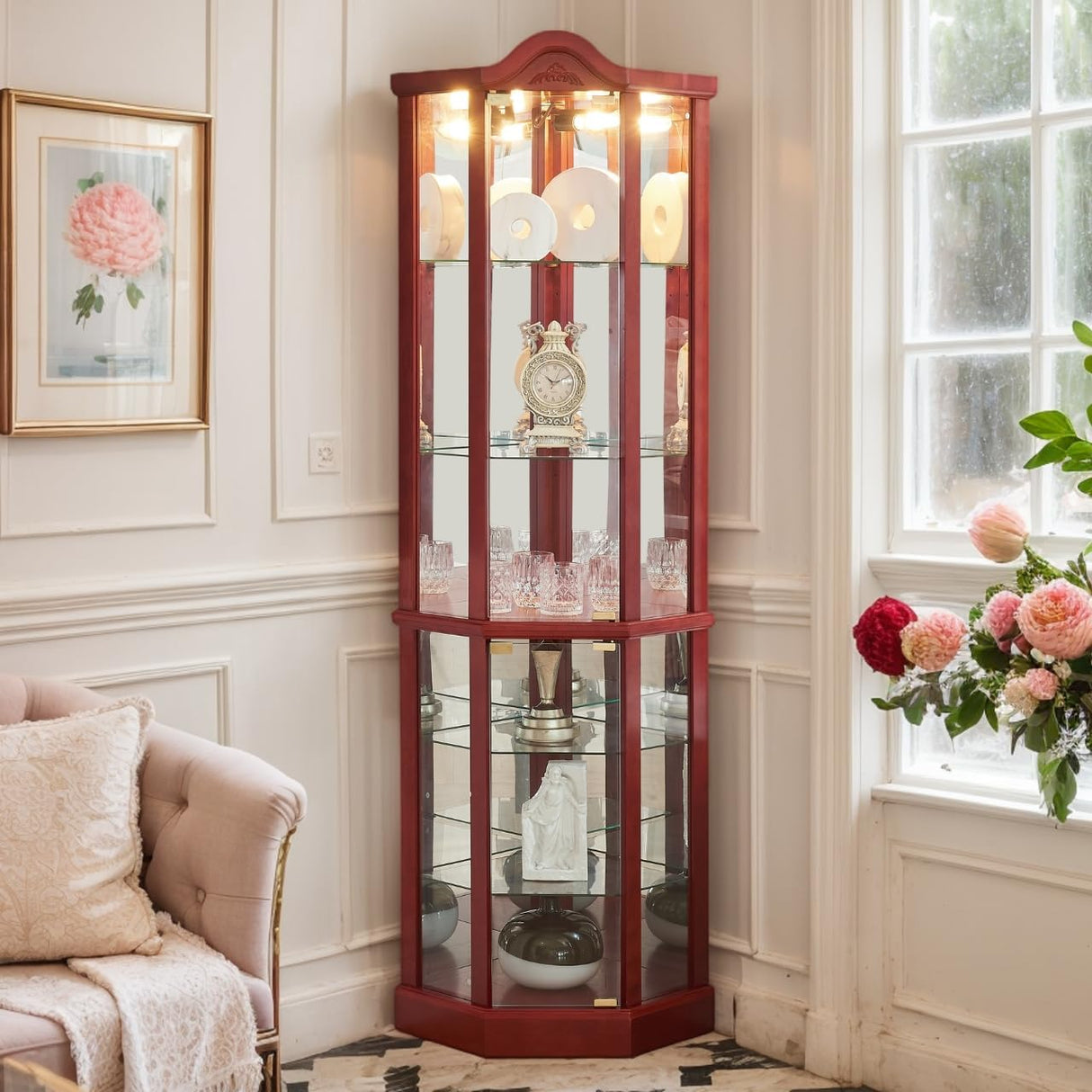 Eyisean Lighted Corner Curio Cabinet with Tempered Glass Doors and Shelves, 72" H Glass Display Cabinet with Curved Top Carving, Light Bulb Included, Rack for Liquor Storage and Living Room (Cherry) Eyisean
