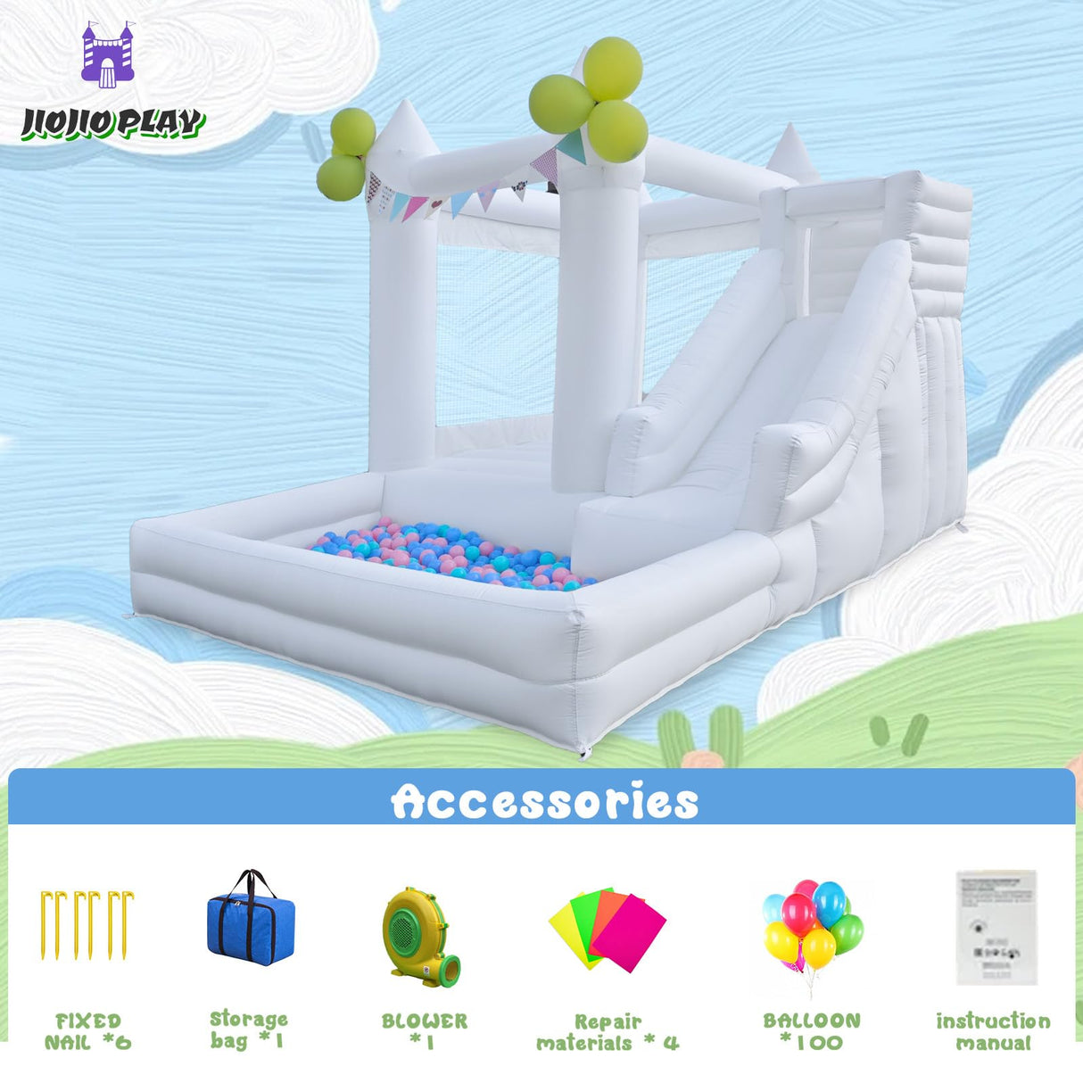 12 FT Oxford White Inflatable Bounce House, Bounce House With Ball Pit, Bounce House With Slide, Indoor And Outdoor Large Inflatable Castles Bounce House for Kids 3-12 Holiday Decoration Wedding Party JIO JIO PLAY