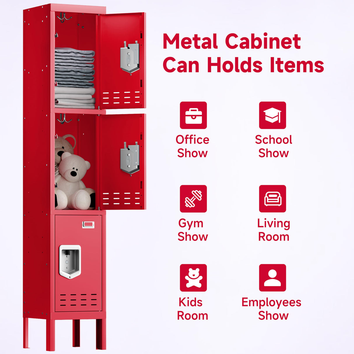 Locker Metal Storage Cabinet, Steel Office Storage Lockable Lockers for Employees Kids School Gym Home Garage Locker with Mirror & Hooks (3 Doors, Red) KAER