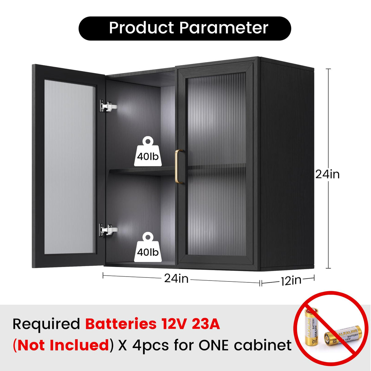 Furnaza LED Wall Storage Cabinets - Upper Kitchen Cabinets Laundry Wall Mounted Cabinets with 4 Acrylic Glass Doors and Shelf, in Black Furnaza